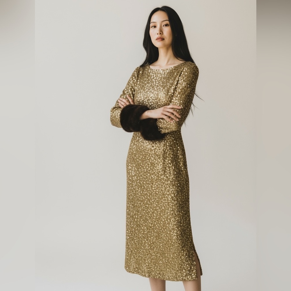 1960s Gene Shelly's Gold Sequin Keyhole Long Bell Sleeve Vintage Wool 60s Gown - Picture 3 of 17